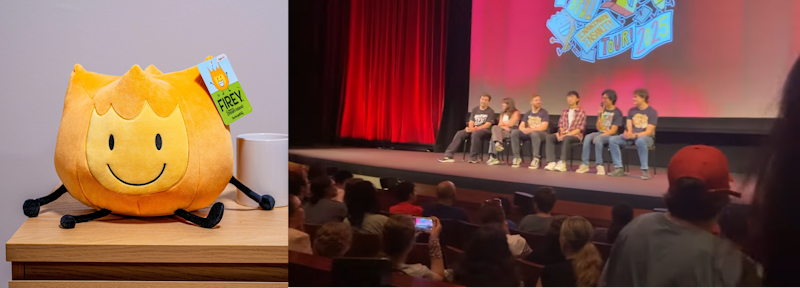 Left: Firey plush on display. Right: BFDI and II creators answer fan questions at a meetup.